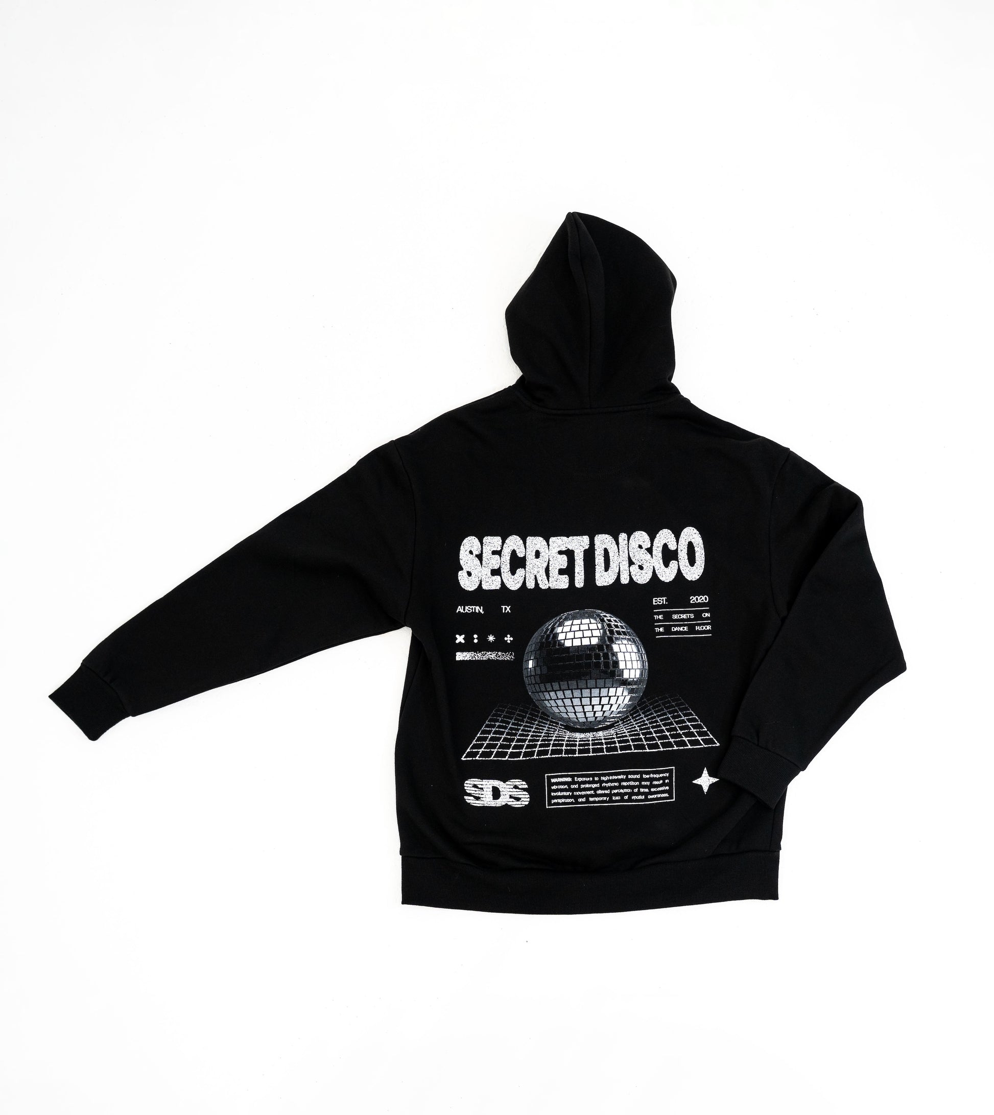Black hoodie with 'Secret Disco' text and graphic on a white background