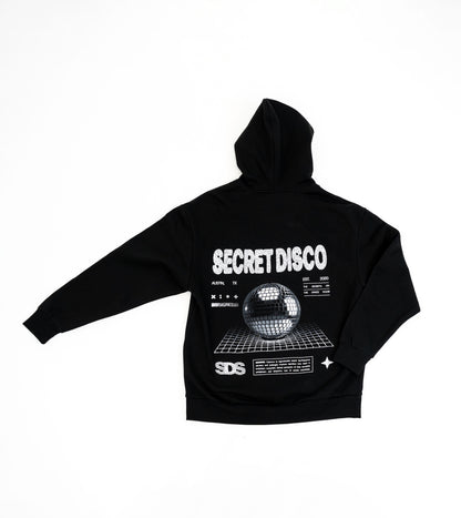 Black hoodie with 'Secret Disco' text and graphic on a white background