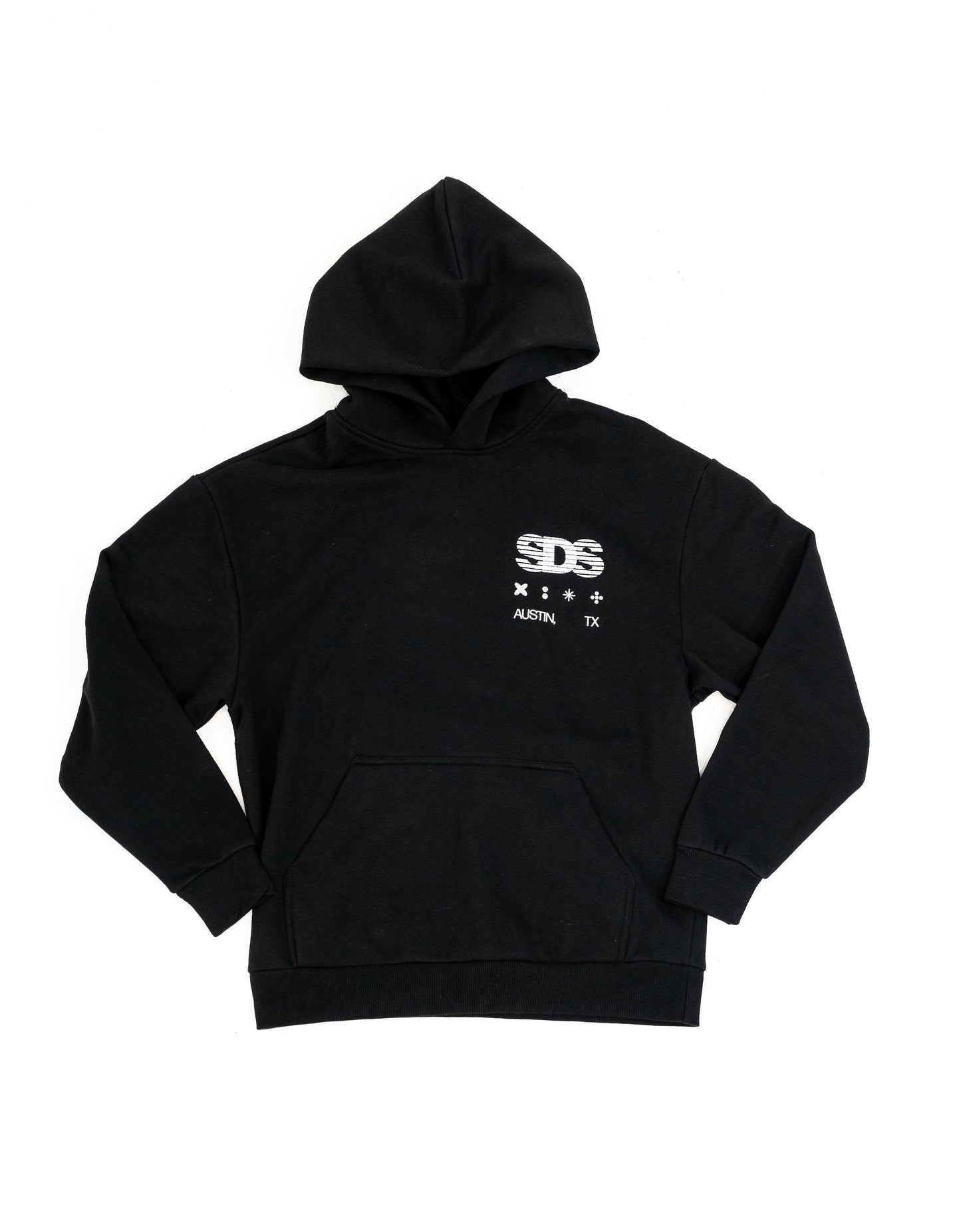 Black hoodie with 'SDS' logo on a white background