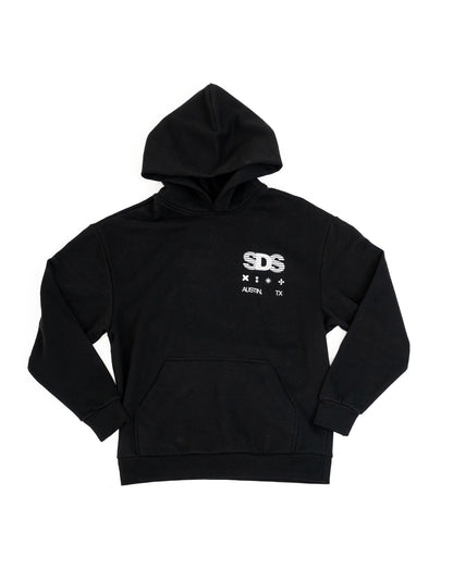 Black hoodie with 'SDS' logo on a white background