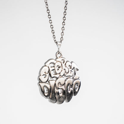 Silver necklace with a secret disco pendant on a white background