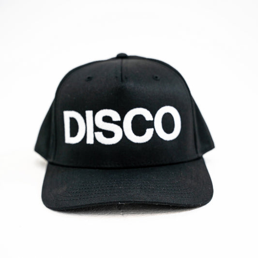 Black cap with 'DISCO' text on a white background