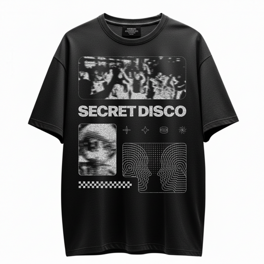 Black t-shirt with graphic designs and 'SECRET DISCO' text on a white background